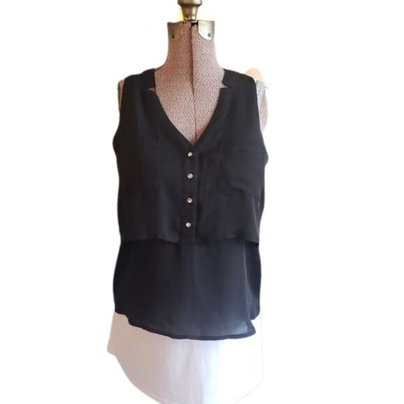 Candie's Half Button Layered Sheer Black V Neck Blouse, Sz M - Picture 1 of 13